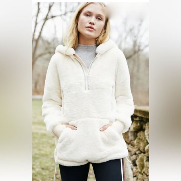 Free People Movement Off The Record Faux Fur Pullover Zip Hoodie in Beige M NWOT - Picture 2 of 16
